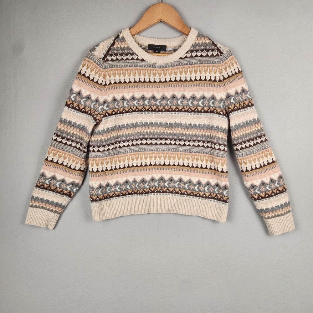 J.Crew Sweater Womens XS Cream Brown Fair Isle Lambswool Blend‎ Crewneck Knit